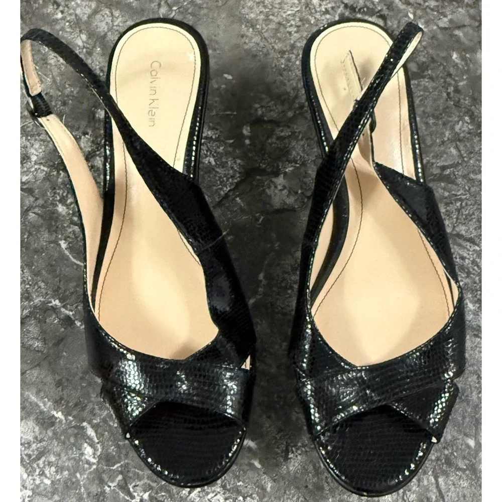 CALVIN KLEIN Rosaria Snake Print SlingBack‎ Cutout  Wedge Heel Sandal Black 8.5M